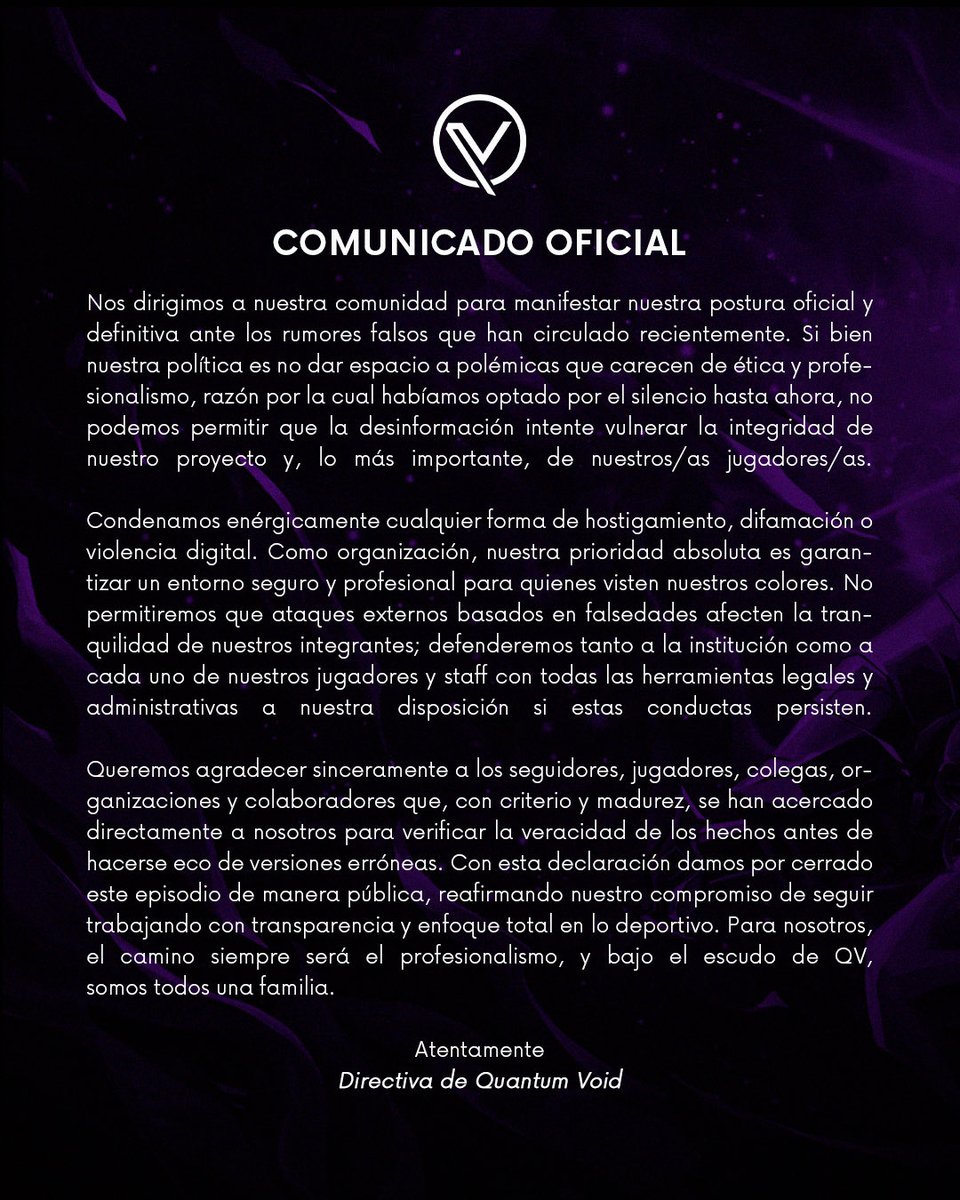 Actualización.

Respecto a las recientes informaciones falsas y nuestra postura sobre el bienestar de nuestras jugadoras y staff.

No daremos más declaraciones públicas sobre este tema.