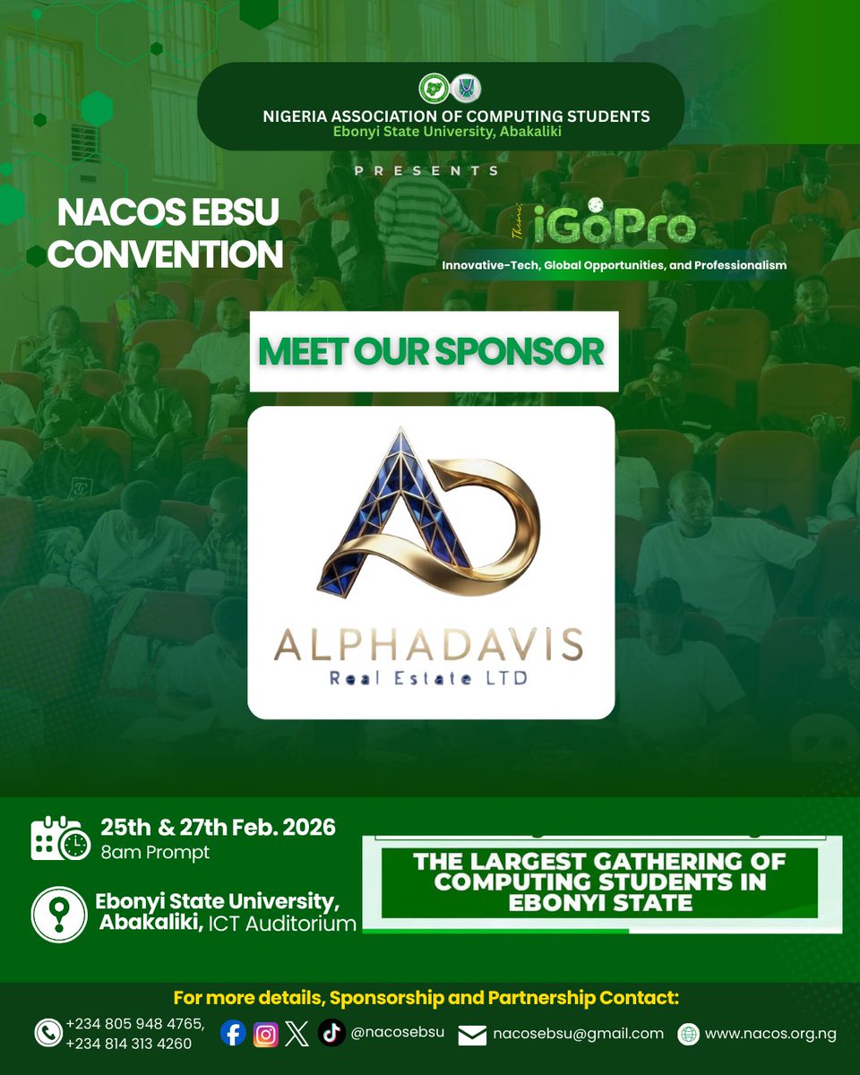 nacosebsu's tweet photo. SPONSORSHIP ANNOUNCEMENT 📣
We are proud to announce Alphadavis Estate as an official sponsor of the #NACOSEBSU Convention.
Beyond supporting tech innovation, they’re offering affordable land at Ogbeke Nike, Enugu
mailto:alphadavisestate@gmail.com
#iGoPro #AlphadavisEstate https://t.co/MawkCvkfLm