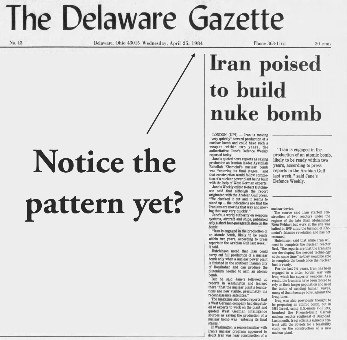We have been hearing Iran is poised to build a nuclear device since 1984.
