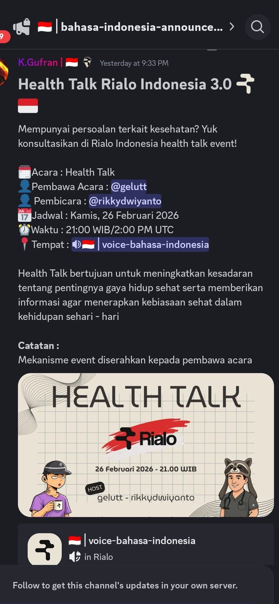 GM Grialo
Rialo Indonesia will hold an event about health today. Let's support the Rialo community so that we can progress together and compete healthily. <a href="/RialoHQ/">Rialo</a>
