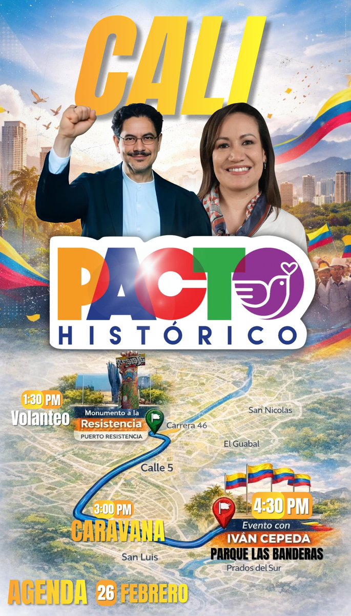 ¡Cali, pilas pues! 📢 Este jueves 26 de febrero nos vemos en Puerto Resistencia a la 1:30 p.m.

Salimos a volantear para contarle a la gente que el Pacto Histórico sí representa a la sociedad colombiana.

A las 3:00 p.m. hacemos caravana, vamos en chiva al Parque de las Banderas