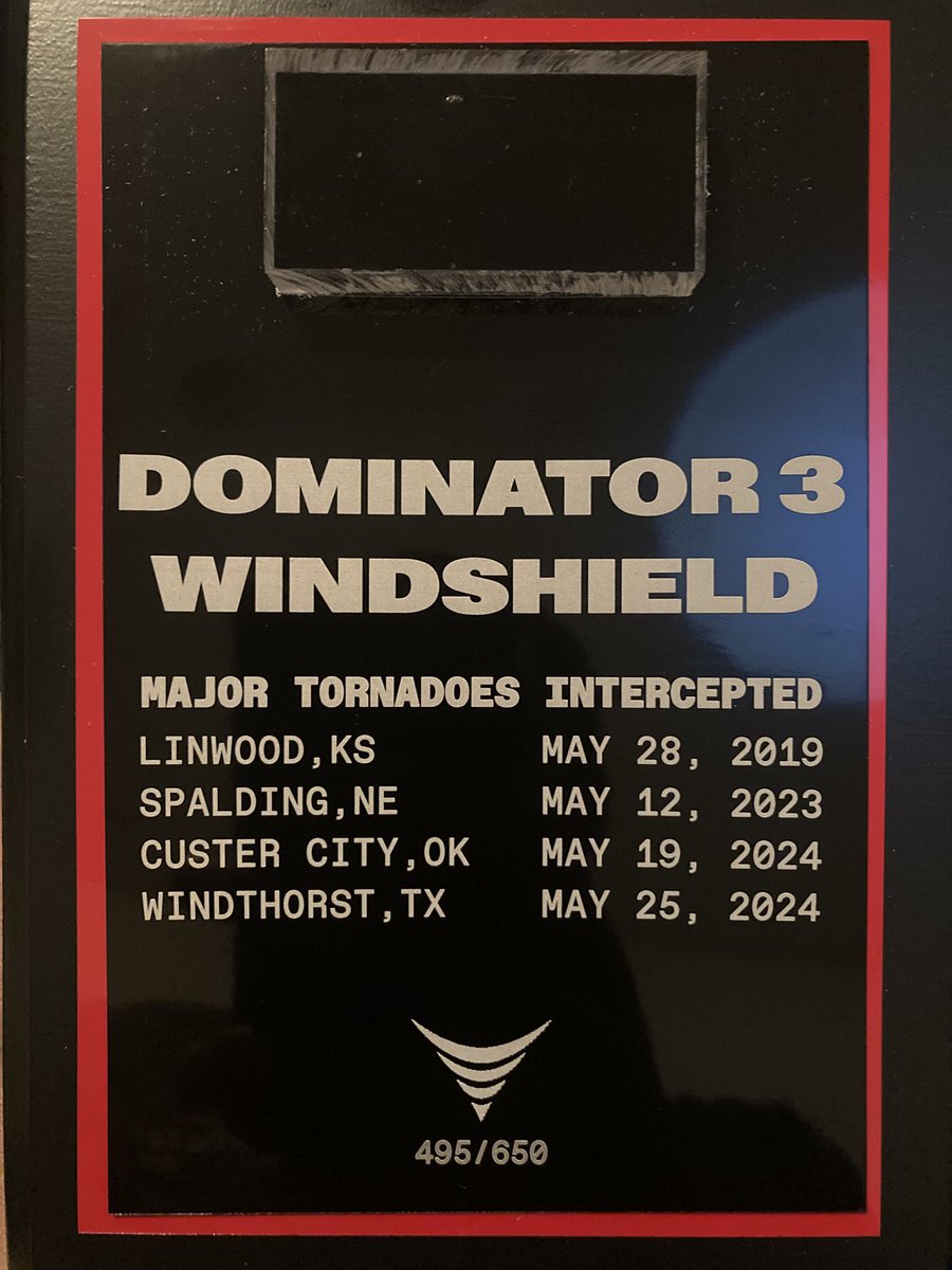 ChaserDeniro's tweet image. Got my piece of the Dominator 3 windshield today! 495 of 650! I’m so happy! ⛈️🌪️@ReedTimmerUSA #NeverStopChasing