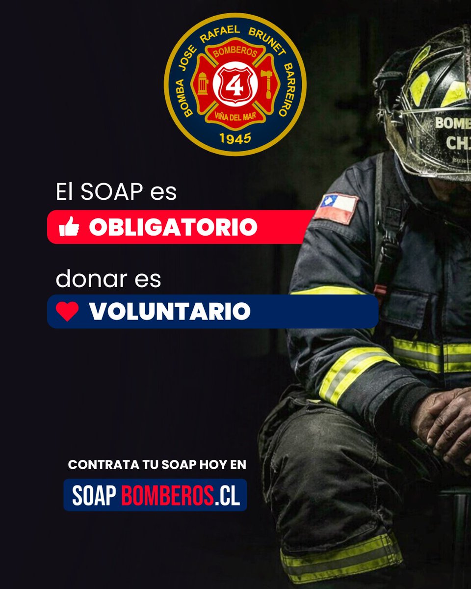 4ta_cbvm's tweet photo. 🚗💥 El SOAP es obligatorio… DONAR es voluntario

Al contratar tu SOAP, estarás colaborando con la Cuarta Compañía de Bomberos de Viña del Mar 🚒

👉 Contrata en el siguiente link! https://t.co/BLkhUjp9el

Porque cuando tú nos necesitas… ahí estamos.
Hoy contamos contigo ❤️ https://t.co/4NA4rLsQK7