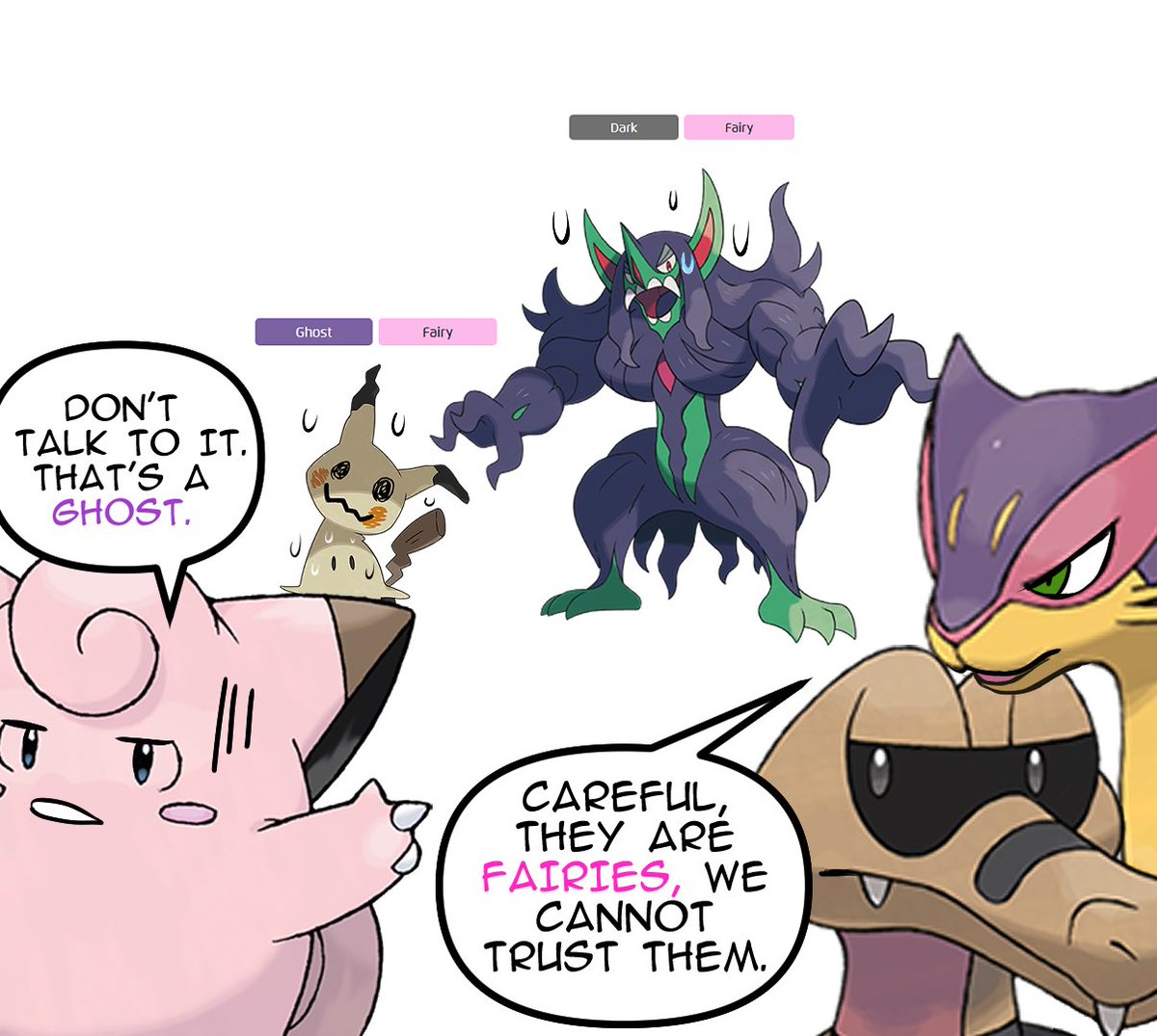 "So I've heard that ghost and dark types are technically shunned by majority of the population... if so, what are society's opinions on dual-types involving those two but having a different other typing?" -> They are unlucky if their typing is opposite 

odekoyma.straw.page