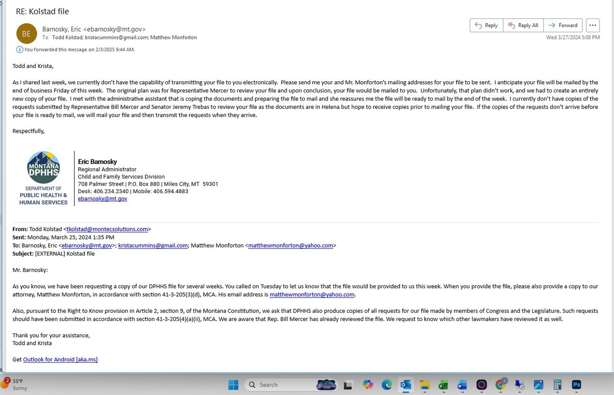 RockyMtEng's tweet photo. Unfortunately no one is allowed to see our entire CPS file (there is a lot the state of Montana has to hide). Prior to giving us the partial release. 

CPS/DPHHS kept delaying, then claiming that they "had to create an entirely new copy of your file" (nothing suspicious about that...). See the image of email attached.