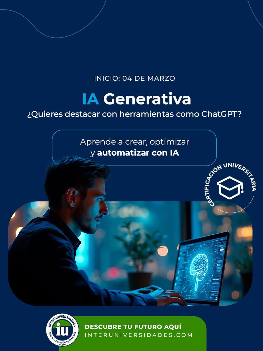 Hoy, tu perfil marca la diferencia.🚀
Capacítate con cursos pensados para el mercado actual y construye tu camino profesional con enfoque y calidad.
Suma estas programas a tu CV:
🎯 IA aplicada al Marketing Digital 
🎯 IA Generativa 
🌐 interuniversidades.com