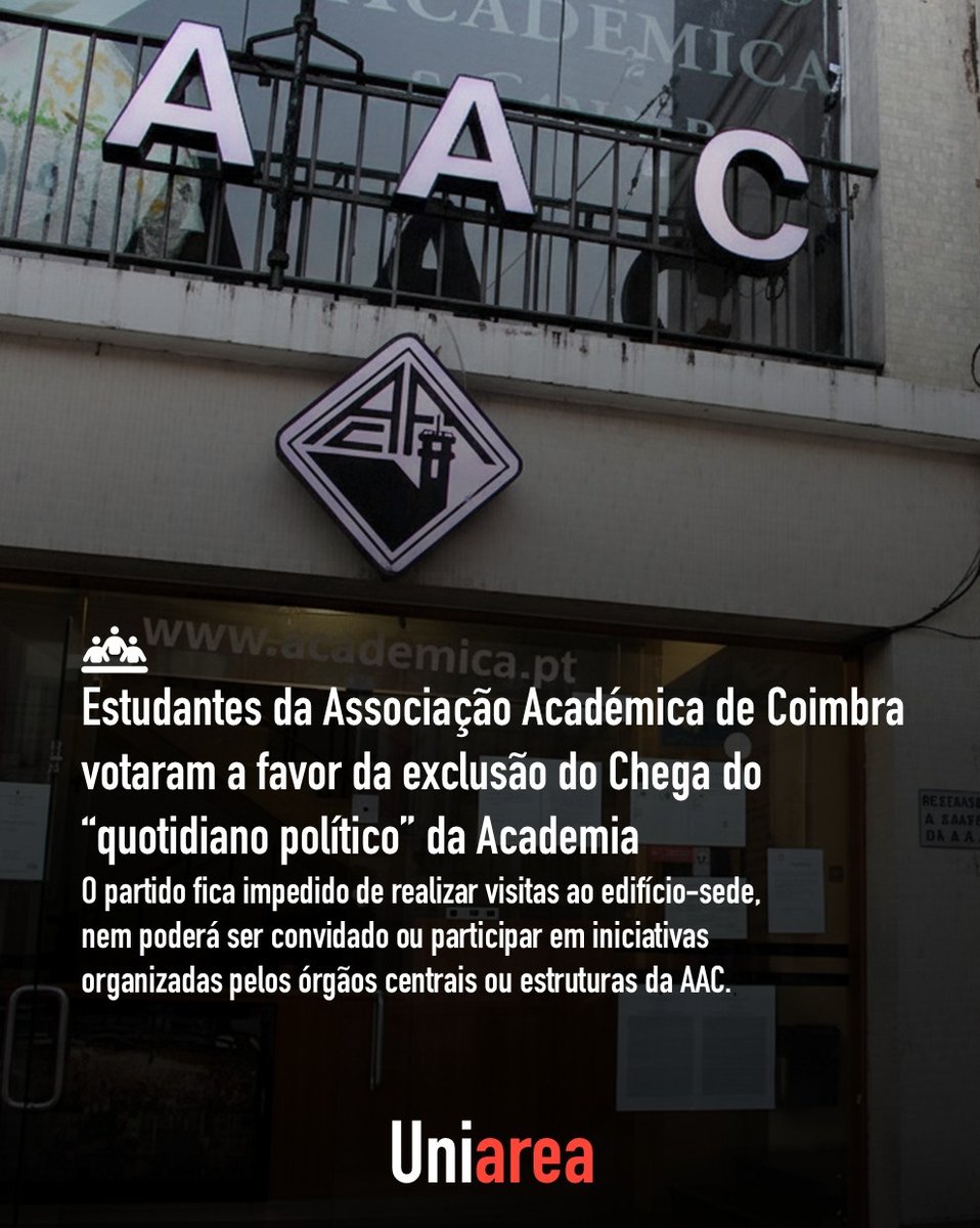 👥 Uma larga maioria de estudantes da Universidade de Coimbra decidiu hoje manter a exclusão do partido Chega do “quotidiano político e social”, que veda a entrada do partido de André Ventura na estrutura da Associação Académica de Coimbra: uniarea.com/assembleia-mag…