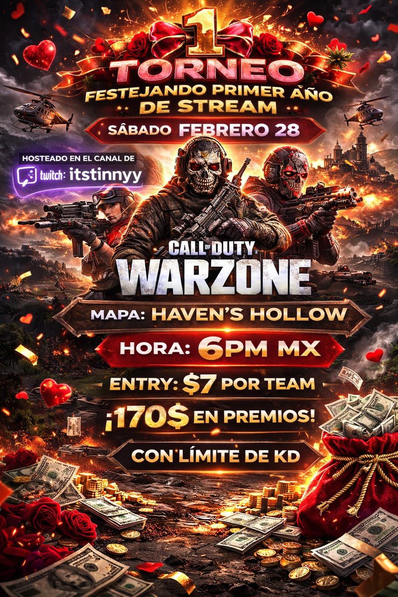 ♥️ONLY DETRIS 4KD 

FESTEJANDO🥹MI PRIMER AÑO DE STREAM🏆♥️

🗺️ HAVEN’S HOLLOW 
📆 Sabado 28 de Febrero 
🎟️ Entry: $7 USD x TEAM
⌛️ 6 pm hora centro Mx
🎀135 MP 
🏆💵 $170 EN PREMIOS 

PIDAN SPOT Y LEAN BIEN LAS REGLAS EN MI DISCORD ♥️✅