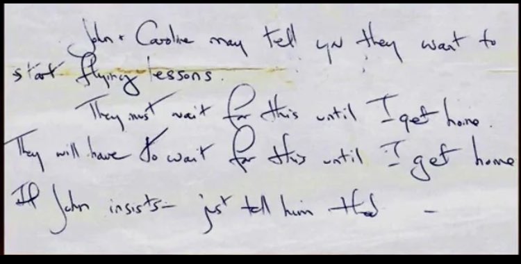 RealLoriSpencer's tweet image. Jackie Kennedy making it clear that she did not want her children Caroline and #JFKJr to have flying lessons. 🛩️ 

This letter was addressed to Kathy McKeon, Jackie’s personal assistant. 

It was published after #JFKJr’s death by plane crash in Kathy’s book ‘Jackie’s Girl’ 📕