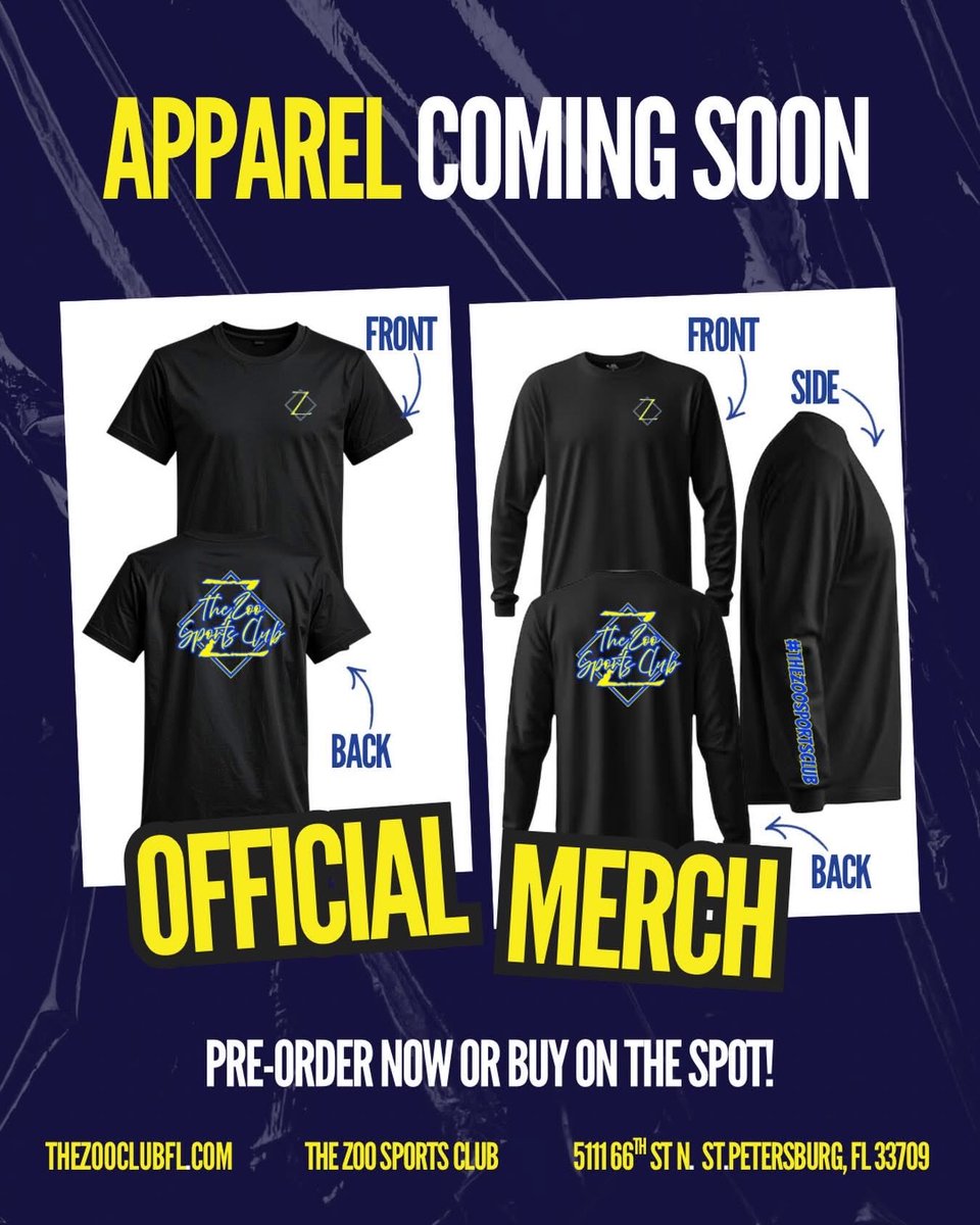 ZooClubFL's tweet image. You asked…and we’re delivering. 👀

Official Zoo Sports Club merch is on the way.
Dry-fit tees. Long sleeves. Clean design. Game-day ready.

Pre-order details and full product info drop on our website soon.

#TheZooSportsClub #ZooMerch #GameDayStyle #StPeteFL #OfficialMerch