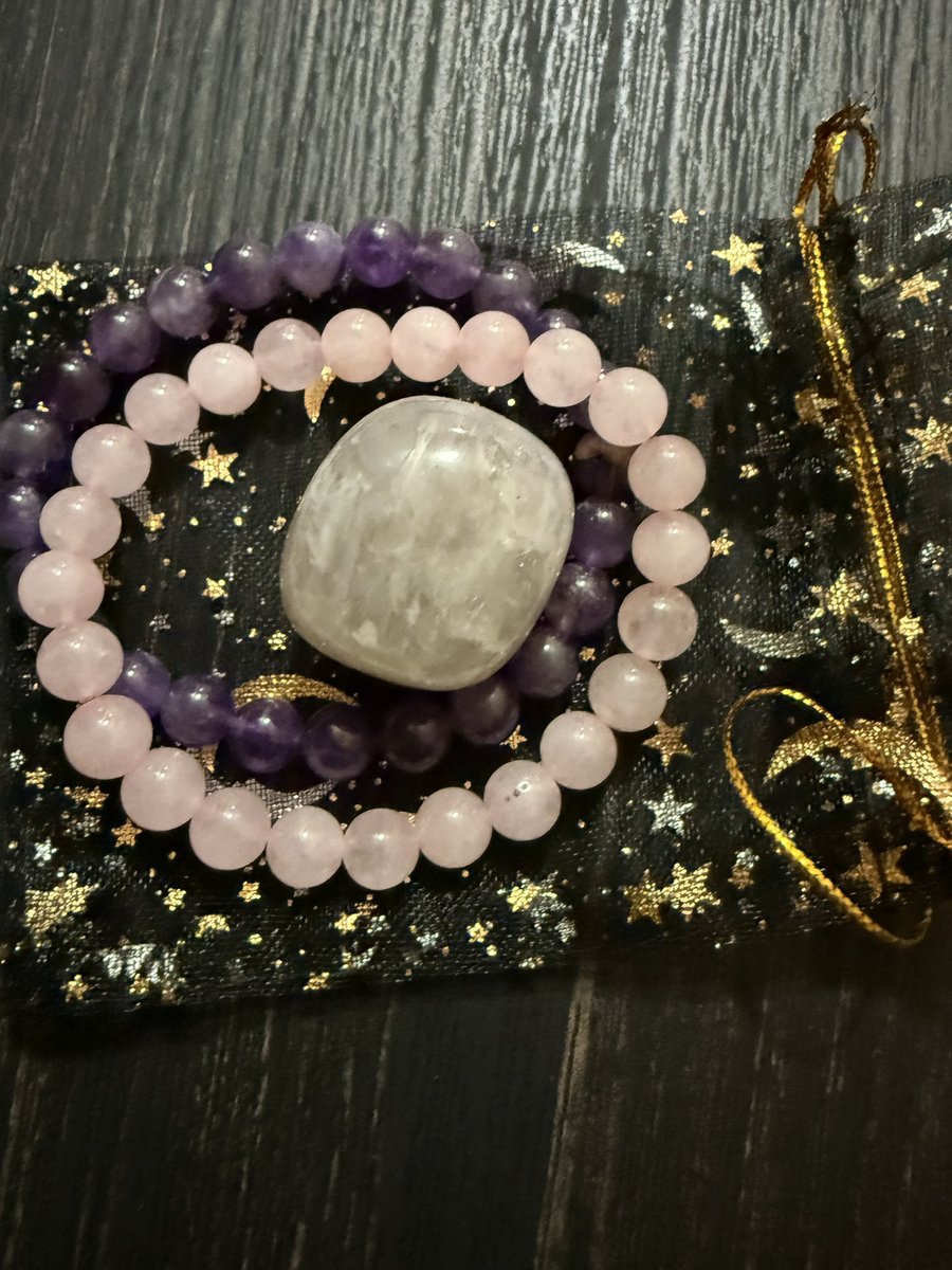 I also got some crystals. 🔮✨
Amethyst, rose quartz, &amp; blue rose quartz.