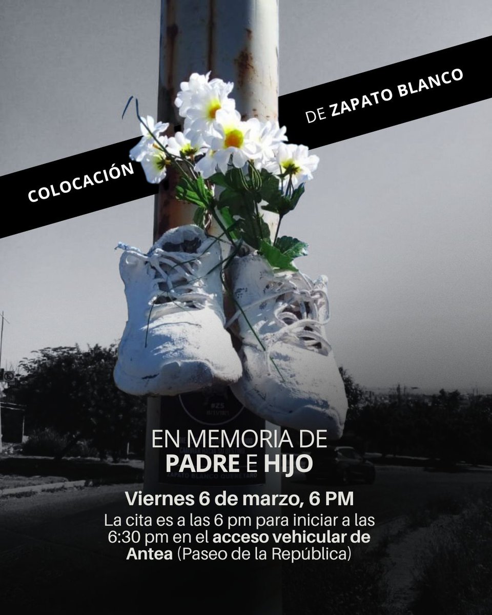 La memoria también ocupa el espacio público.

Te invitamos a acompañar la colocación del Zapato Blanco, un acto para honrar la vida de un padre y su hijo, quienes fueron asesinados cuando un vehículo perdió el control tras un choque.