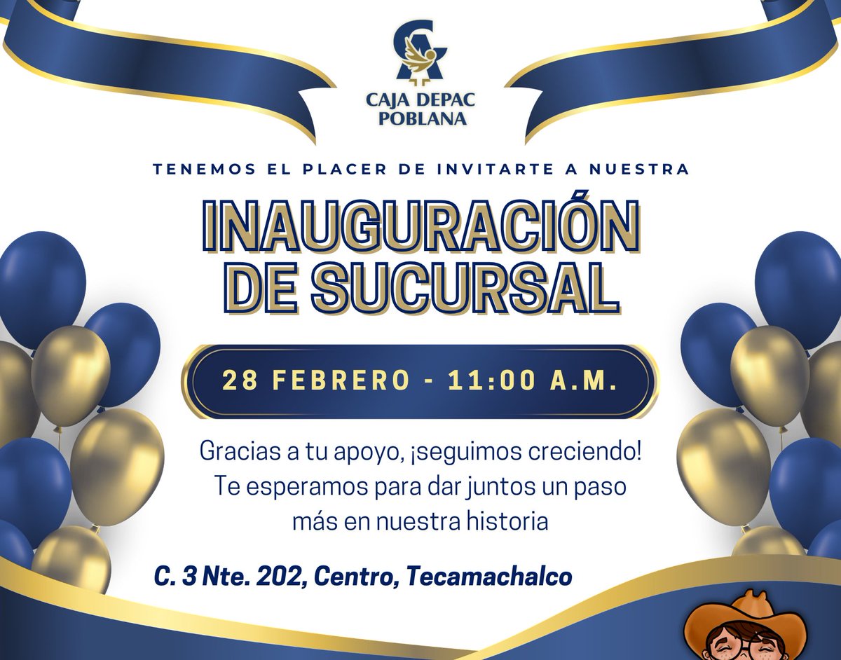 ¡Tecamachalco, este logro es de todos! 💙✨

​Gracias a tu confianza, seguimos creciendo. En Caja Depac Poblana estamos felices de invitarte a la gran inauguración de nuestra nueva sucursal. 🏢

​📅 28 de febrero.
​🕚 11:00 A.M.
​📍 3 Norte. 202, Centro

​#CajaDepacPoblana