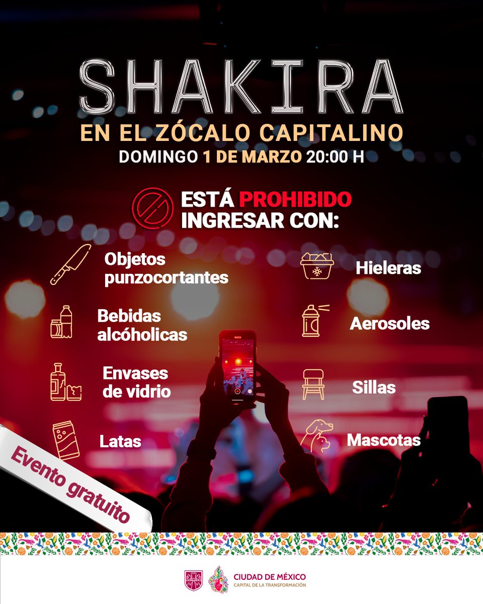 ✨ Si vas al concierto gratuito de <a href="/shakira/">Shakira</a> este 1º de marzo, revisa con anticipación qué objetos están permitidos y cuáles no, para facilitar tu acceso y evitar retrasos. 🙌🏼

Asiste con responsabilidad, sigue las indicaciones y disfruta esta gran noche en el Zócalo. 🐺🎤
