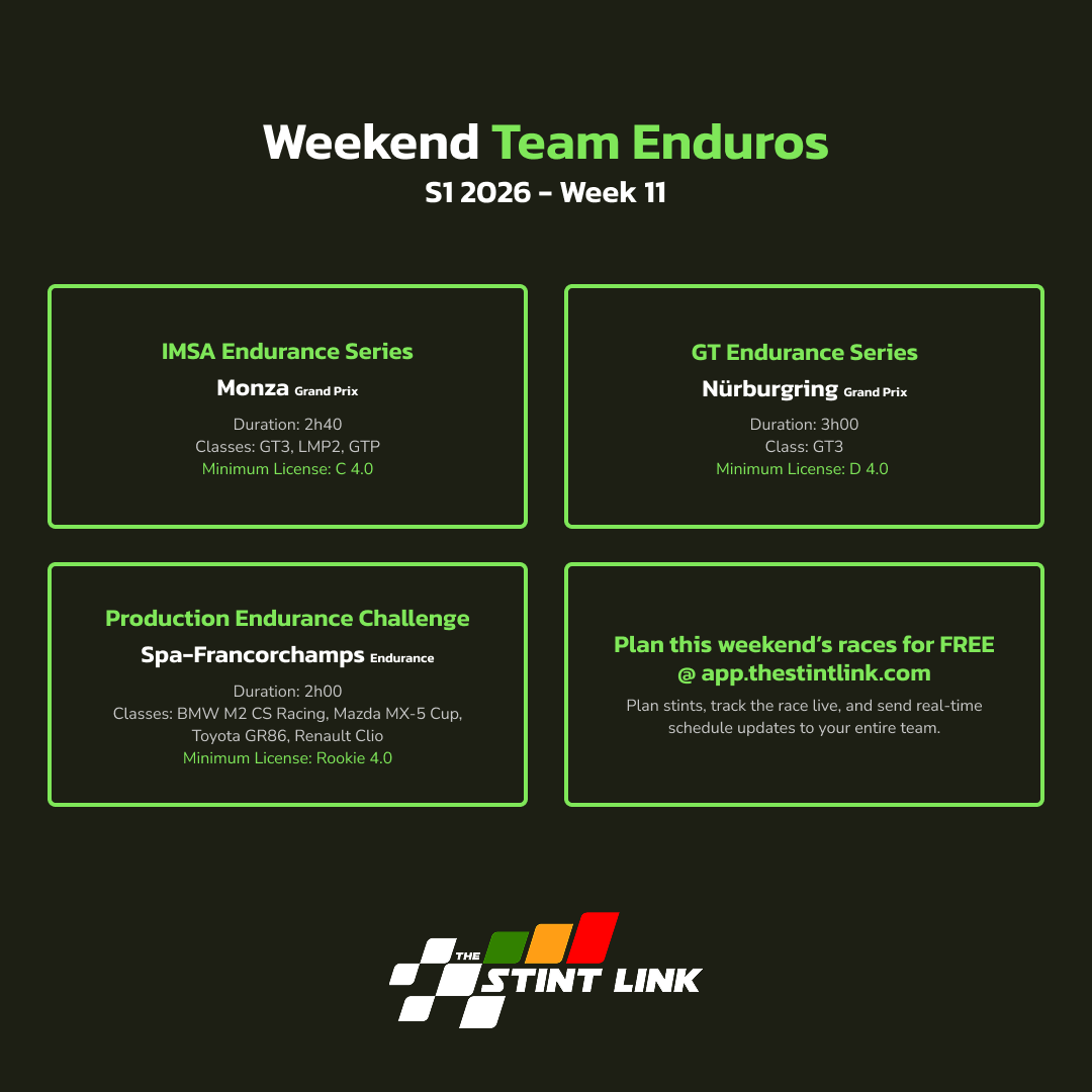 TheStintLink's tweet photo. Euro trip this weekend, anyone? 🛫 Plan your team's enduros FREE during our early access period. 

We loved seeing everyone using the app for Bathurst! Thank you for being a part of this journey 🎉

#iracing #simracing #nurburgring https://t.co/yMN2jLOlRr