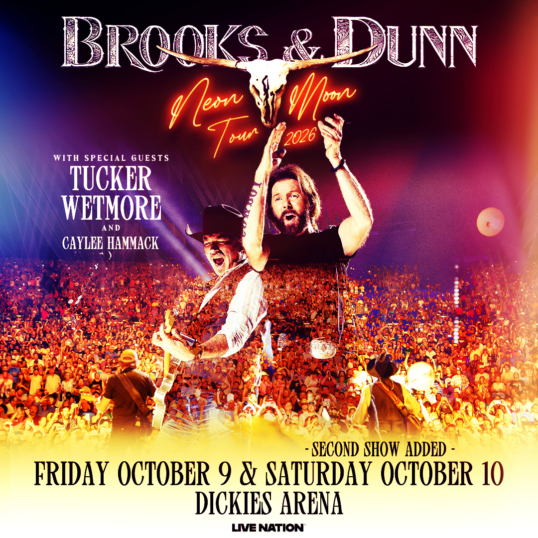 LiveNationDFW's tweet photo. SECOND SHOW ADDED! 🌙 Due to overwhelming demand, @BrooksAndDunn are keeping the party going at Dickies Arena on 10/10! With special guests @TuckerWetmore and @Cayleehammack. 

Tickets for both Fort Worth dates go on sale this Friday, Feb 27th @ 10AM! 🎟️ https://t.co/KyLCREx1sE https://t.co/uKXaytxZRZ