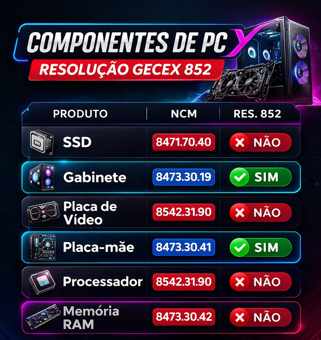 canalchiptech's tweet photo. Estava circulando uma imagem sobre a Resolução GECEX 852 envolvendo componentes de PC, com informações incorretas.  

Antes de compartilhar qualquer tabela ou print, vale sempre conferir para evitar desinformação. 

Revisei os dados e organizei tudo corretamente nesse card 👇 https://t.co/bsd564VGOm