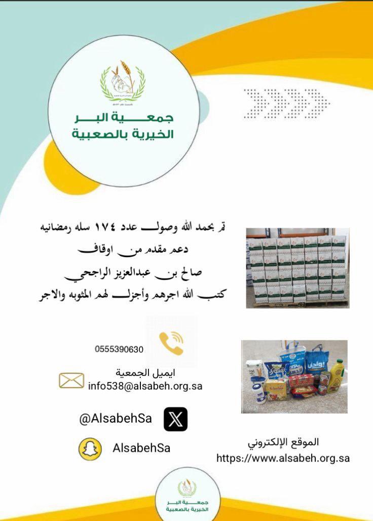 AlsabehSa's tweet photo. تم بحمد الله وصول عدد 174 سلة رمضانية بدعم مقدم من أوقاف صالح بن عبدالعزيز الراجحي @RajhiEndowment كتب الله أجرهم وأجزل لهم المثوبة والأجر . https://t.co/aOHhEke2f6