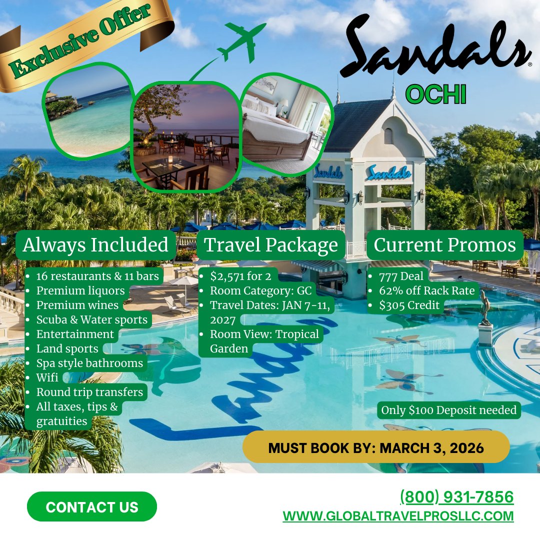 CPGTP's tweet photo. 🌴 Sandals Ochi
Experience vibrant tropical bliss at Sandals Ochi! 🍹 Enjoy 16 dining options, 11 bars, and endless island energy. Unlock our $777 deal + resort credit. 📩 Plan your dream... https://t.co/6Vy03ggthY