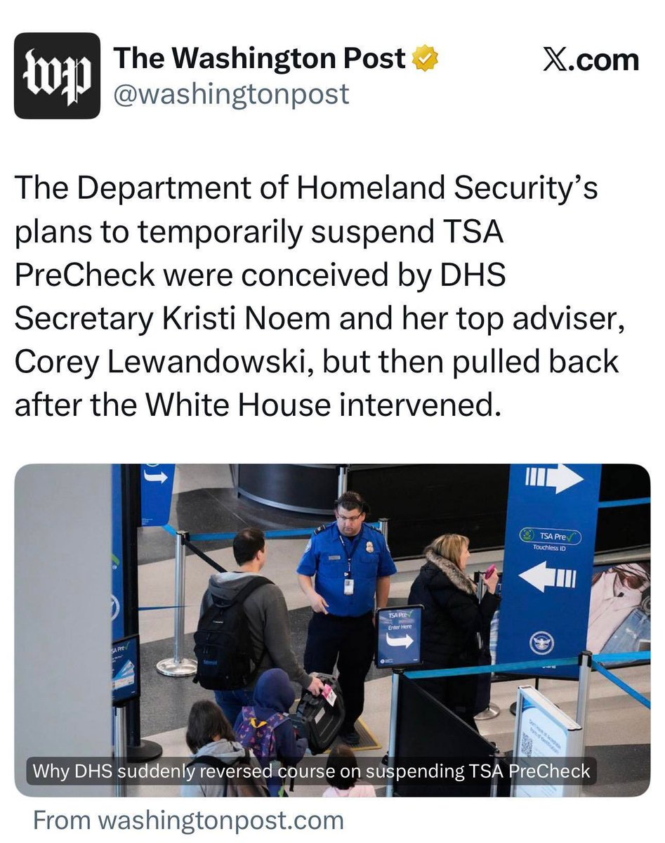 nycjayjay's tweet image. So… Kristi Noem and co. canceled TSA PreCheck without any go ahead by the White House. Got it.