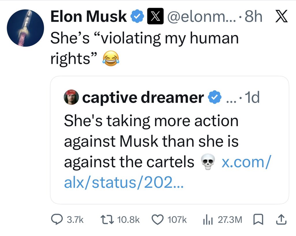 Sra Presidenta <a href="/Claudiashein/">Claudia Sheinbaum Pardo</a> 
.
En USA 🇺🇸 donde opera X, burlarse de los políticos, es lo normal y esperado
.
Tener una piel delgada, es muy mal visto.
.
1. Es intento de Censura 
2. Abuso de Poder 
3. La crítica es parte fundamental de la Democracia 
4. Genera más atención por