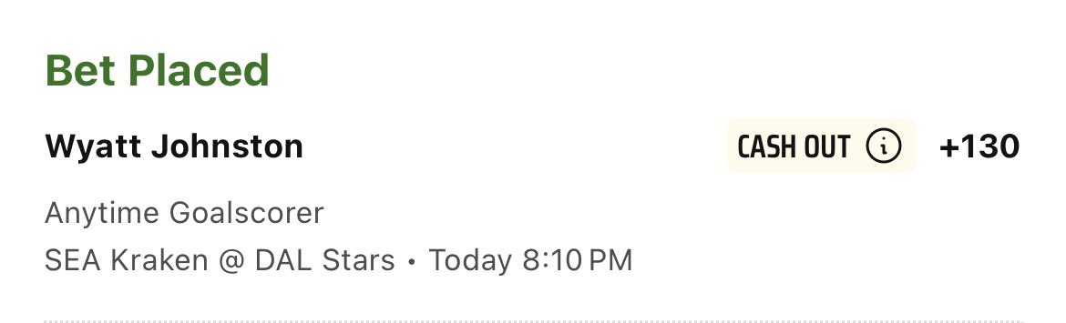 Feb 25th

Straight Bet
#NHL Player Prop
+130 Odds / #DraftKings

• Wyatt Johnston Anytime Goal