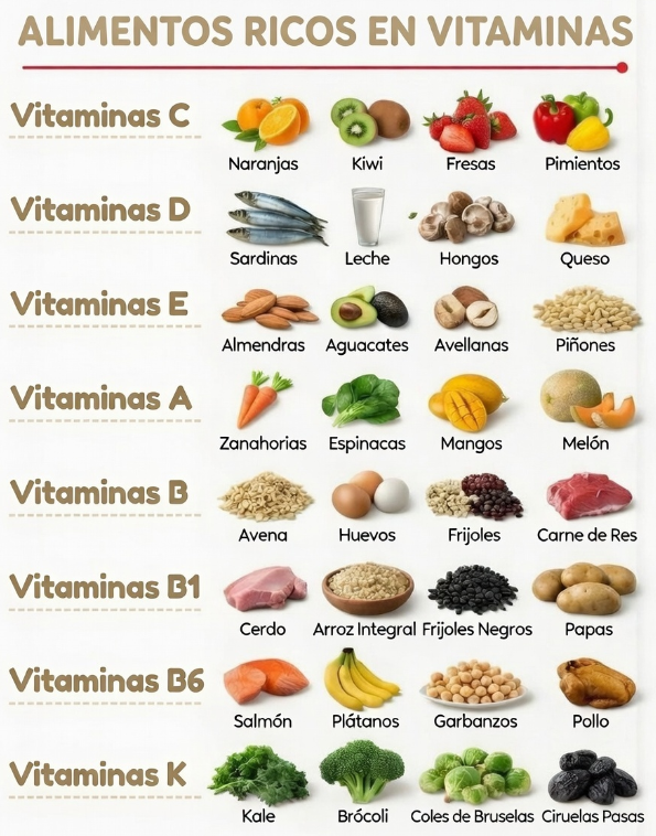 ALIMENTOS RICOS EN VITAMINAS

Vitamina C
Naranjas
Kiwi
Fresas
Pimientos

Vitamina D
Sardinas
Leche
Champiñones
Queso

Vitamina E
Almendras
Aguacates
Avellanas
Piñones

Vitamina A
Zanahorias
Espinacas
Mangos
Melón

Vitamina B
Avena
Huevos
Frijoles
Carne de res

Vitamina B1
Cerdo