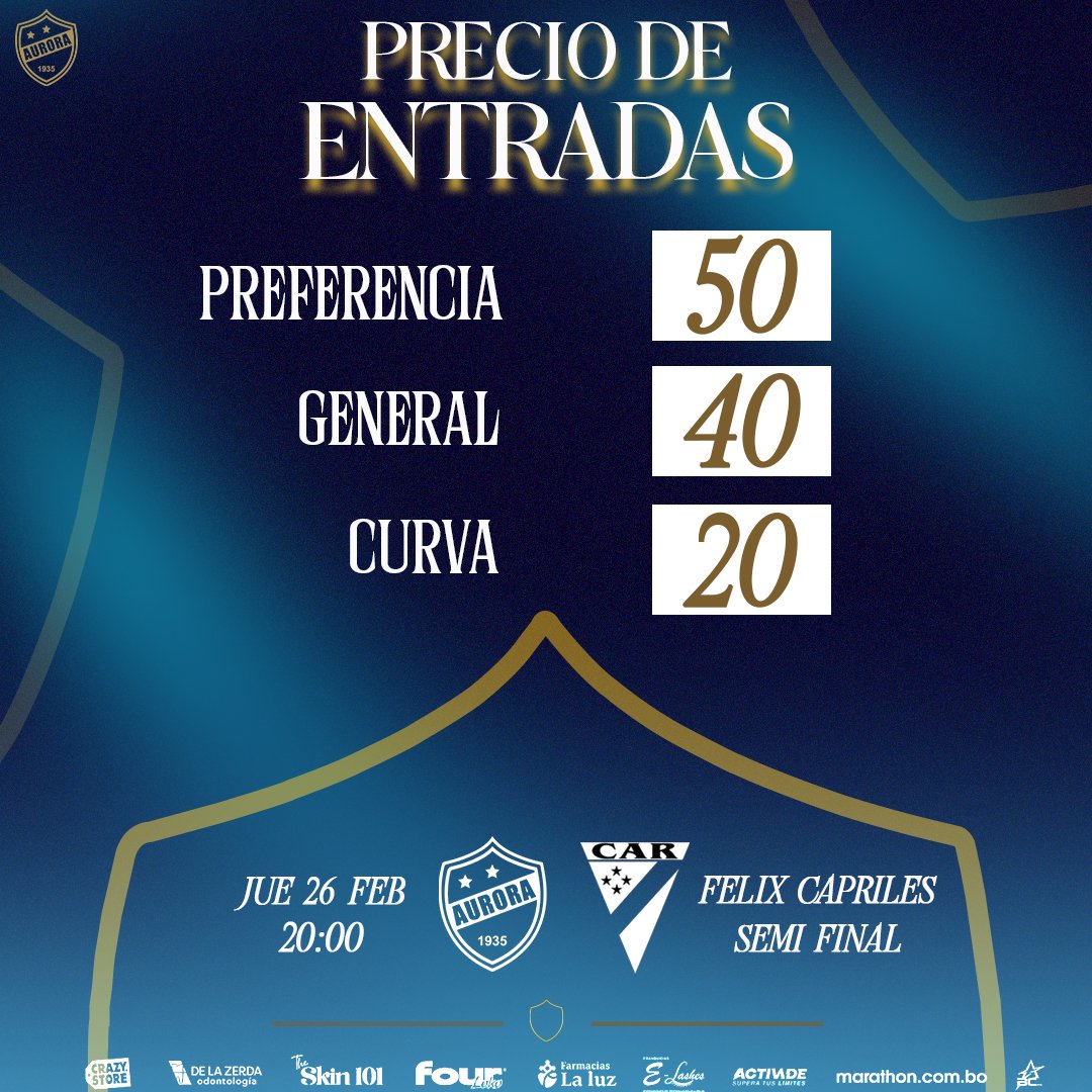 📷PRECIO DE ENTRADAS📷
Es momento de alentar y buscar la clasificación📷 Vamos mañana al Capriles y sigamos luchando📷Vamos con la celeste📷📷
#VamosAurora