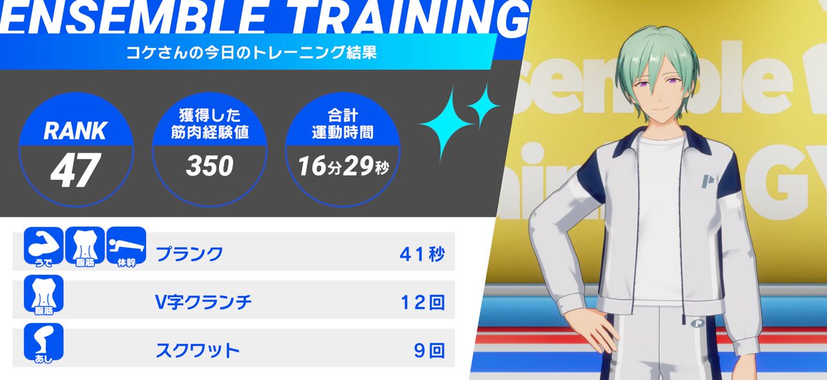 💪あんさんぶるトレーニング！！💪

瀬名 泉くんとの
7日目のトレーニングを完了✨

今日は風早 巽くんと一緒に『プランク』などをやりました❗

#あんトレ　#あんスタ健康にいい
