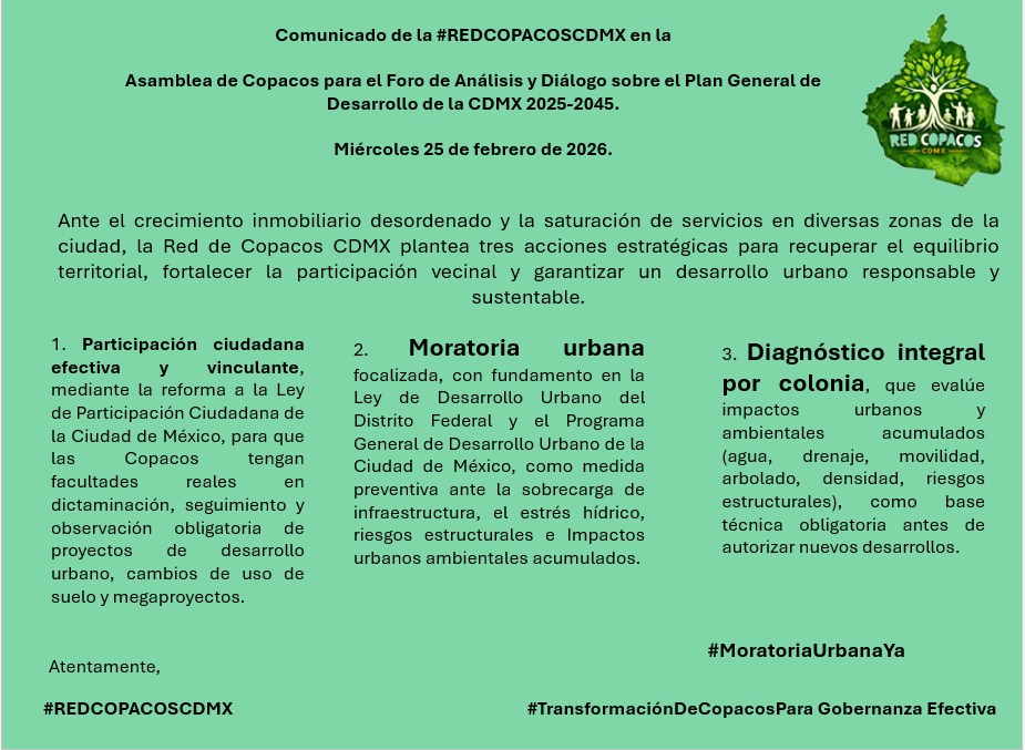 Mariadeguerrra's tweet photo. Ya estamos los vecinos de la #RedCopacosCDMX con este comunicado y pancartas. Les hablamos: @ParticipaIECM @Congreso_CdMex @CanalCongreso https://t.co/UAK12N5yoF
