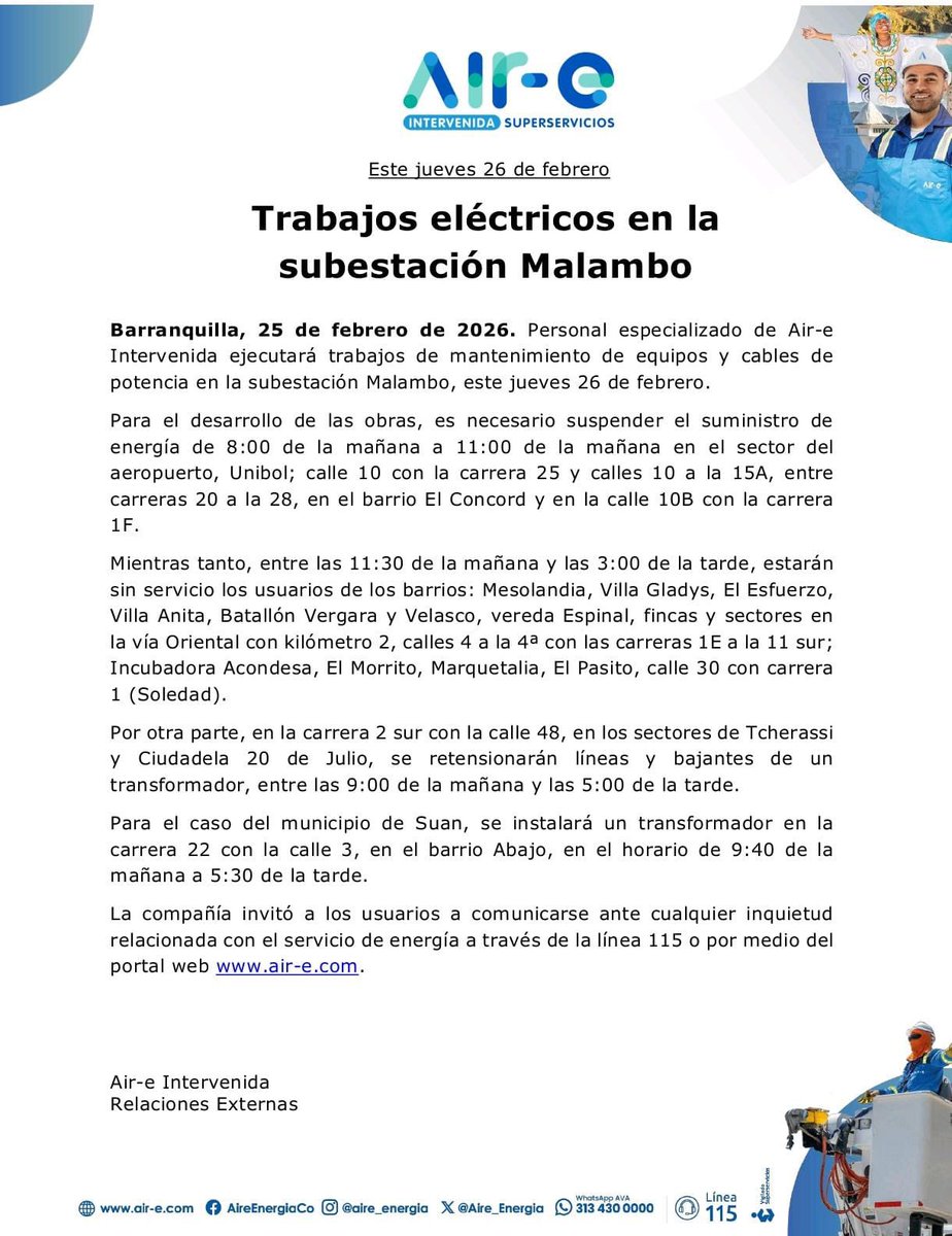 Aire_Energia's tweet image. #MejorasProgramadas en #Atlántico 🌀
Este jueves 26 de febrero realizaremos trabajos al interior de la subestación de Malambo, donde desarrollaremos labores preventivas para mejorar la calidad del servicio.
🕗 8:00 a. m. a 11:00 a. m.: Suspensión del servicio en el sector del