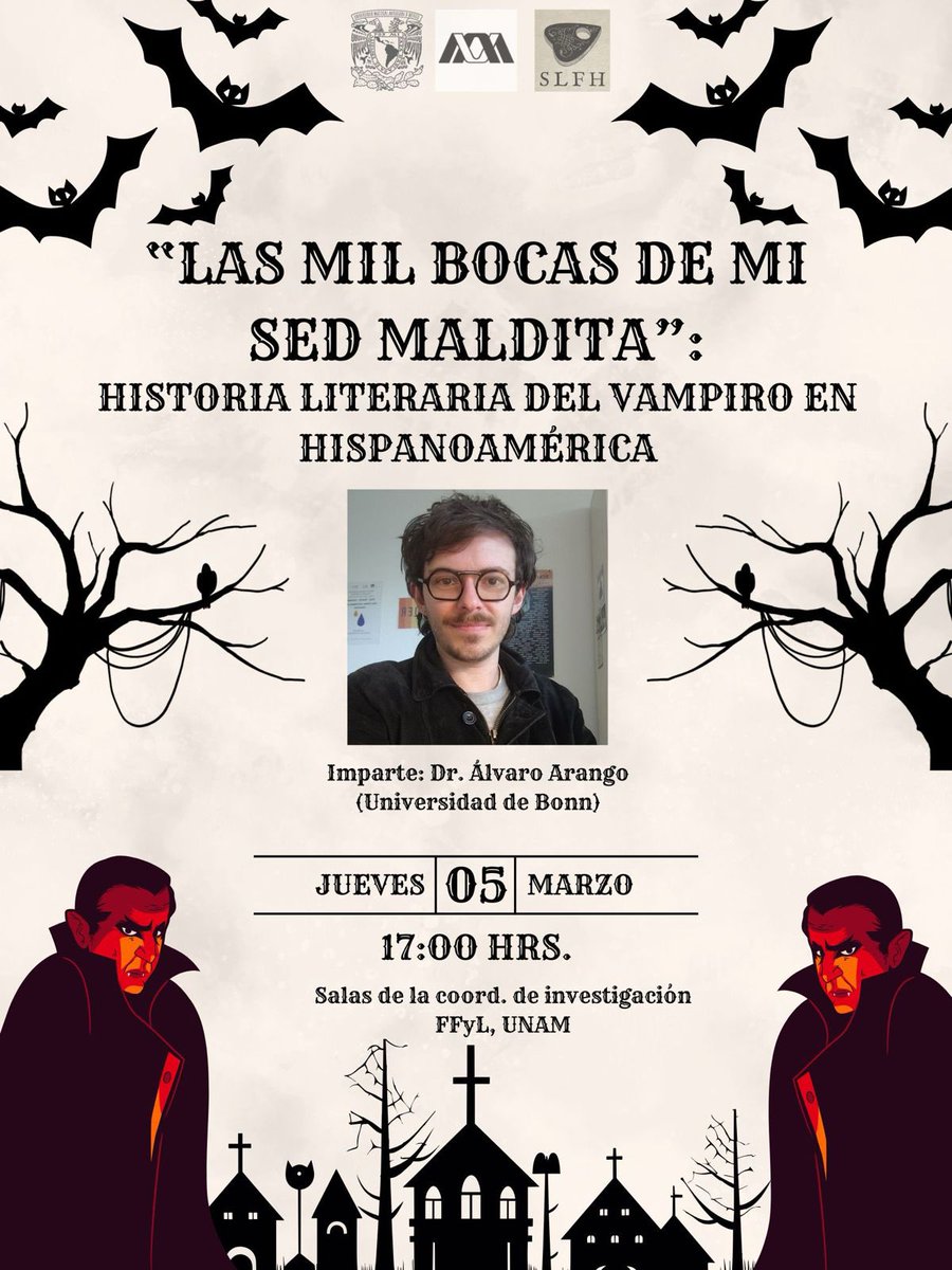 Sem_fantastico's tweet photo. ¡Bienvenidxs a nuestro ciclo 2026!

Estamos muy felices de regresar a las actividades académicas en este nuevo año (número XII) de nuestro SLFH 🖤con la conferencia: 
 “'Las mil bocas de mi sed maldita': Historia literaria del vampiro en Hispanoamérica” 🧛🏻 https://t.co/2OQQo30Nt2