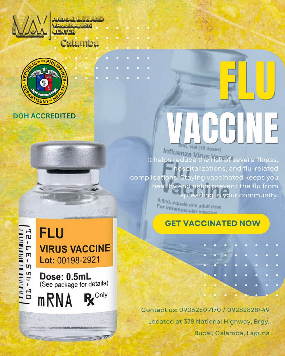 ivaxcalamba's tweet photo. Prevention is better than cure — and vaccination is the key! 🔑💉
📍 Visit us at 378 National Highway, Brgy. Bucal, Calamba, Laguna
🕒 Open Monday–Sunday | 7:00 AM–11:00 PM
📞 0906-250-9170 (Globe)
📞 0928-282-8449 (Smart)
☎️ (049) 550-4063 (PLDT)

Message us for inquiries! 💚 https://t.co/sWR8hYpIhf