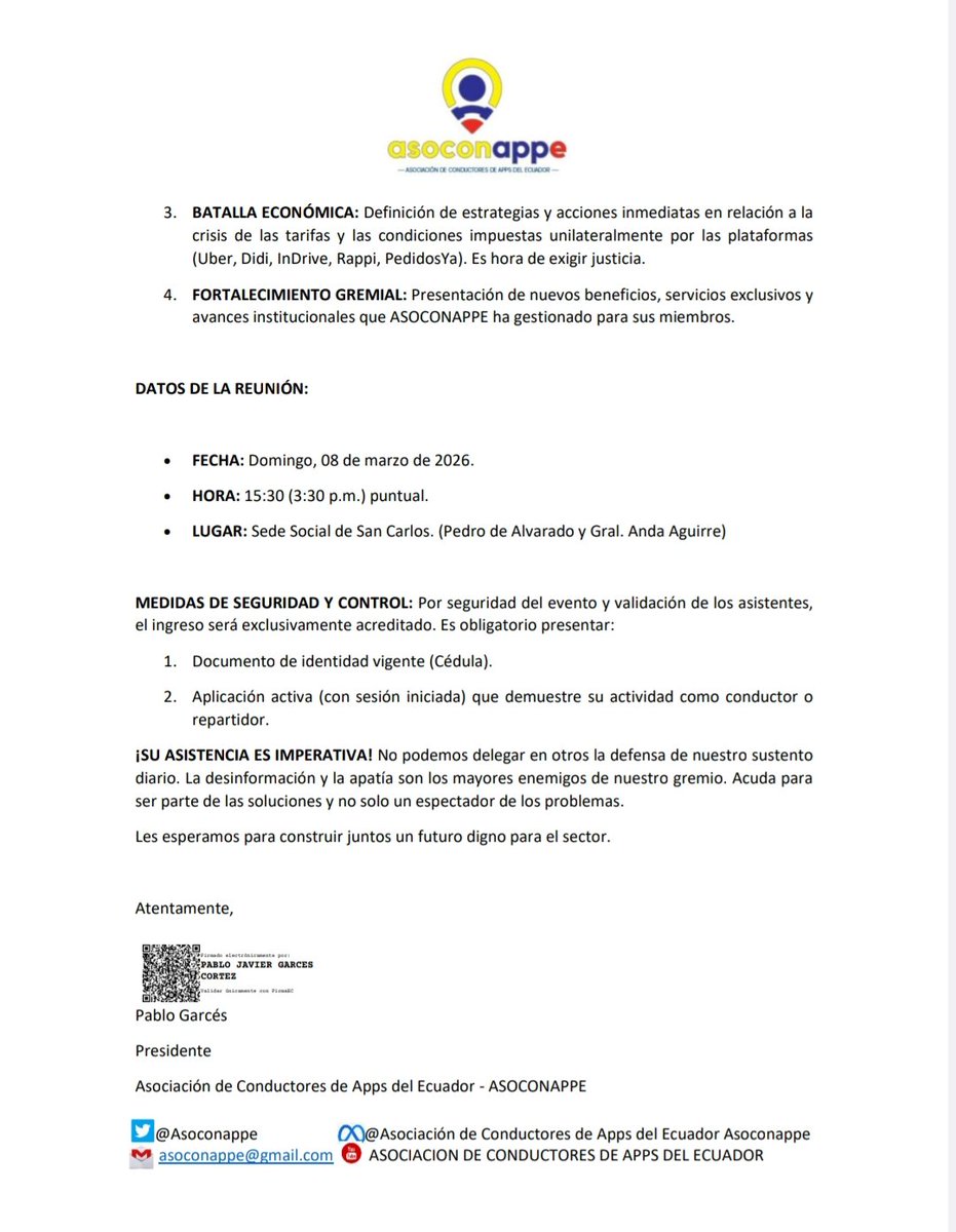 🚨 ¡#CONVOCATORIA #URGENTE! 🇪🇨

📌 Agenda:
🔹 Ley de Regularización.
🔹 Sentencia 106-20-IN/24 vs Municipios.
🔹 Tarifas y abusos de plataformas.

📅 Dom 08/03/26 a las 15:30
📍 Sede Social San Carlos

⚠️ Ingreso: Cédula + App Activa.

¡No falles! Tu sustenso está en juego.