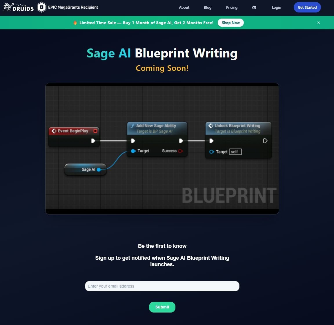 🚀 Blueprint writing is coming to Sage AI.  
⚡Prompt → Blueprint 
🧩Faster iteration
🎮More building, less wiring  

If you build in Unreal, this will change your workflow. Early access waitlist is open: 
👉 druids.ai

 #CreatedwithFab #UnrealEngine <a href="/fab/">Fab</a> #sageai