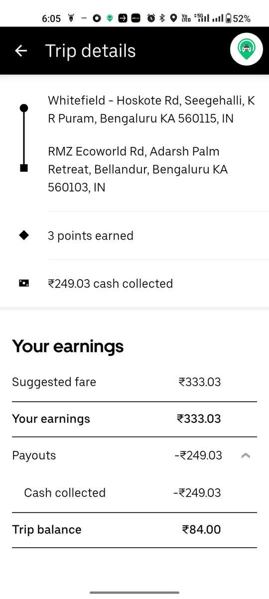 "Attached is the screenshot of my recent trip from Whitefield to Bellandur. Even though the app shows earnings of ₹333, it is extremely low for a 20 km trip that took nearly 2 hours in heavy traffic. On top of that, I only collected ₹249 cash, leaving a balance. Date: 25/02/26
