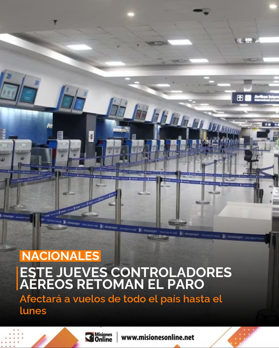 misionesonline's tweet photo. ✈️ Controladores aéreos retoman paro desde este jueves. Vuelos de todo el país afectados hasta el lunes por conflicto salarial. Detalles clave: https://t.co/qAGMRN1Y5i #ParoAereo #Vuelos #EANA https://t.co/mqoRw6oo0t