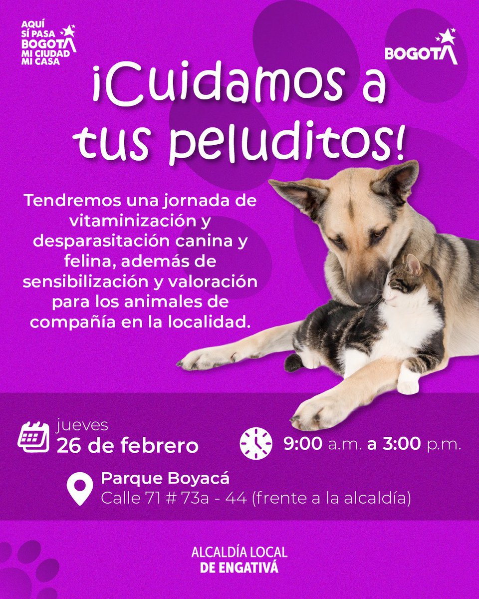¡Cuidamos a nuestros peluditos! 🐶🐱

Este jueves 26 de febrero te esperamos, a partir de las 9:00 a.m, en el Parque Boyacá para nuestra jornada gratuita de vitaminización y desparasitación canina y felina.

Seguimos trabajando por el bienestar animal en Engativá.