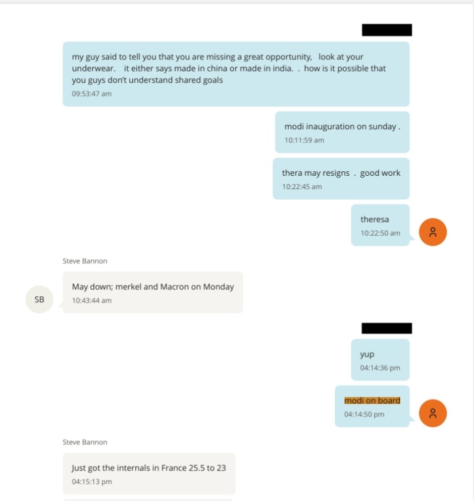 Epstein and Bannon bringing Modi into the fold, while orchestrating the demise of May, Merkel and Macron.