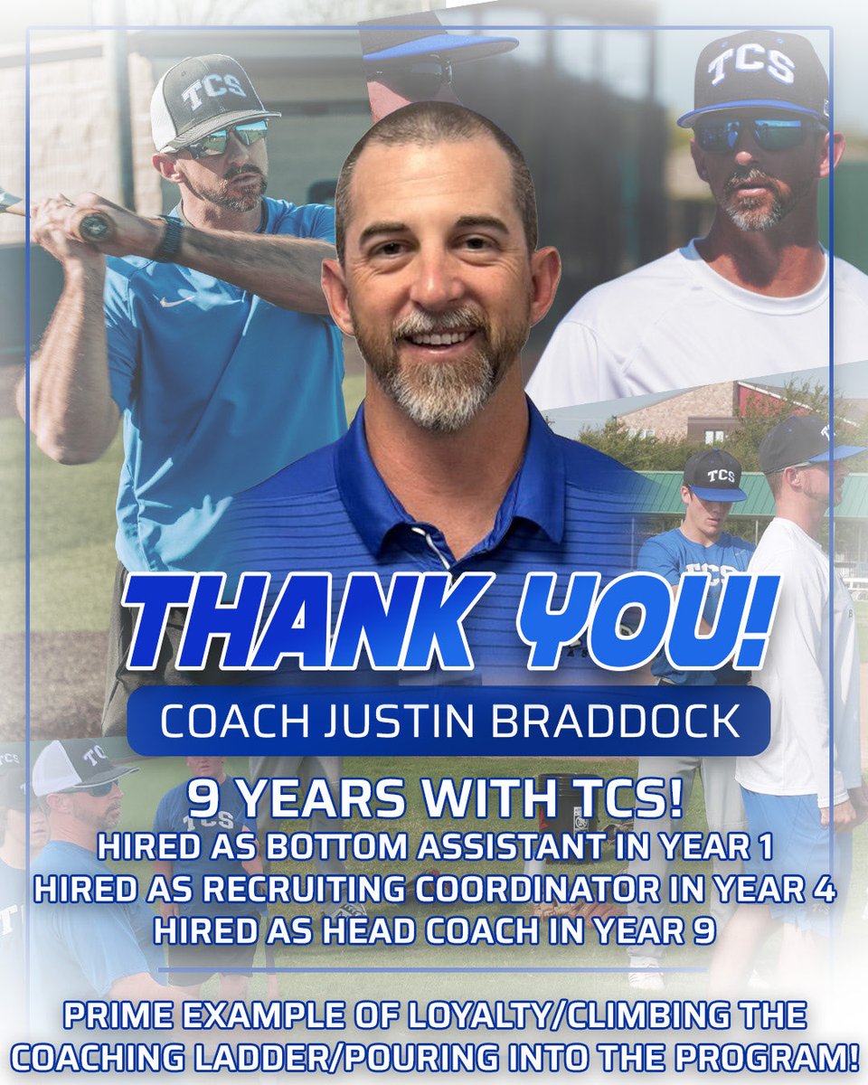 Thank you, Coach Justin Braddock.

For 9 years, you’ve been the heart of TCS Baseball. You didn’t just coach — you built this program from Day 1.
• Year 1 – Bottom assistant • Year 4 – Recruiting coordinator • Year 9 – Head coach

No other coach has been at TCS longer!