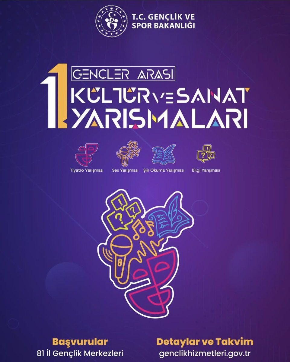 Sahne sırası sende!🫵

2026 Gençler Arası Kültür ve Sanat Yarışmaları için başvurular devam ediyor. 📣

🎤   Ses 
📝   Şiir 
 🎭  Tiyatro 
📚   Bilgi

Başvurular ve detaylı bilgi: genclikhizmetleri.gov.tr

#GSBGM