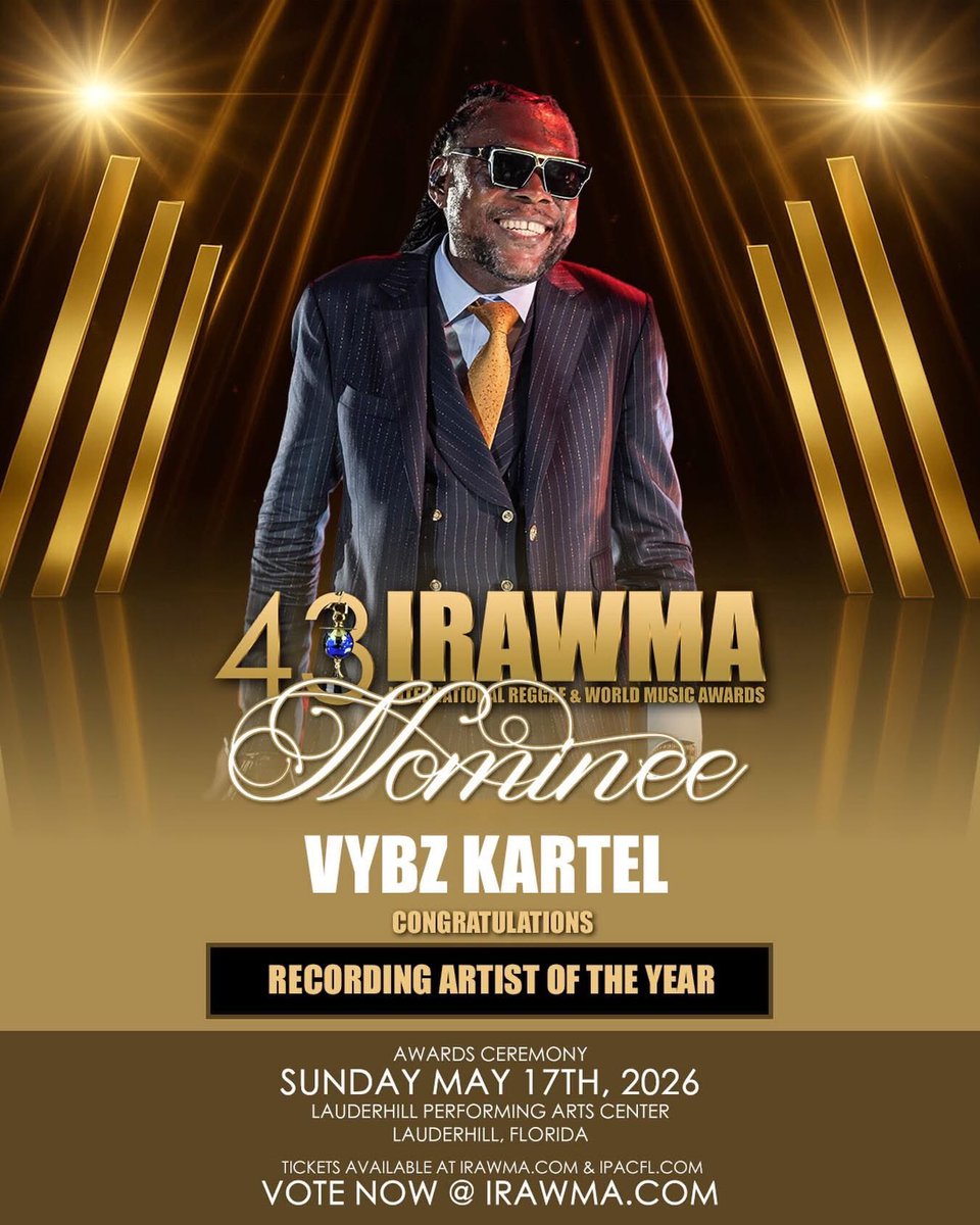 wan_motions_tv's tweet image. Vybz Kartel leads the 43rd Annual IRAWMA with a record-breaking 11 nominations, including Recording Artist of the Year and the Bob Marley Award.
📍 Lauderhill, FL
📅 May 17, 2026
🗳️ Vote now: irawma.com
#IRAWMA2026 #VybzKartel #Dancehall #Gaza