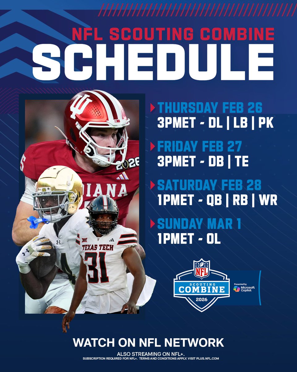 Position groups split up over the next four days in Indy 🏈
2026 NFL Combine starts Thursday 3pm ET on @nflnetwork
Stream on @NFLPlus
