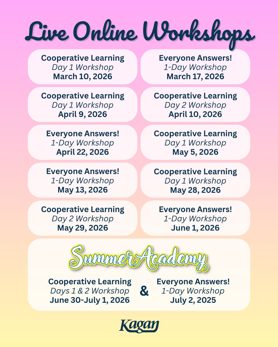 KaganOnline's tweet image. Can’t travel? No problem. We’re coming to you 💻✨

Kagan Live Online gives you the same engaging, hands-on experience you love, just in your favorite comfy chair: kaganonline.com/workshops/even…

#kagan #kaganstructures #studentengagement #virtuallearning #teachercommunity