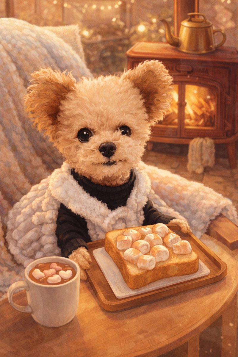 春が来たかと思ったらまたまた今日は寒いよー(｡ >﹏<｡)
そんな日はメリー🐏の夢ふわカフェでホットマシュマロココア☕と、焼きマシュマロトースト🍞いかがですかぁ❓

#トイプードル
#AI画像
#夢ふわカフェ