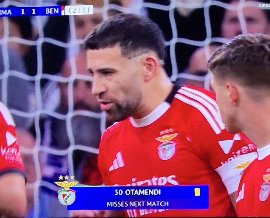 🚨🚨🚨 Recordad que <a href="/Notamendi30/">Nicolas Otamendi</a> se perderá el próximo partido por sanci… POR ESTAR ELIMINADO