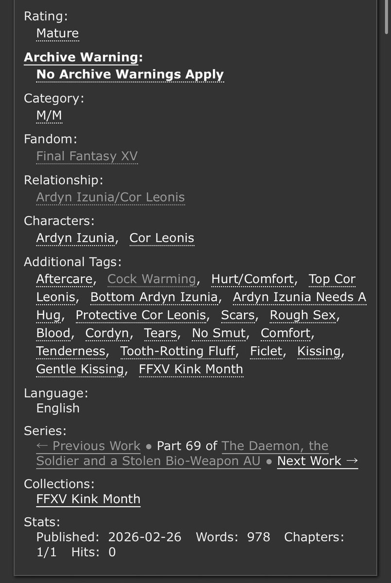 My massive AU of the Daemon, the Solider and the Stolten Bio-Weapon has officially hit is 200 fic tonight 🥳🥳🥳 and it’s also apart of the FFXV kink Month 

archiveofourown.org/works/80256656