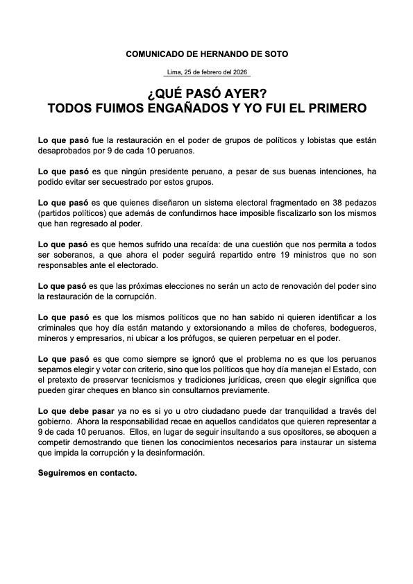 Comunicado de Hernando de Soto a la opinión pública