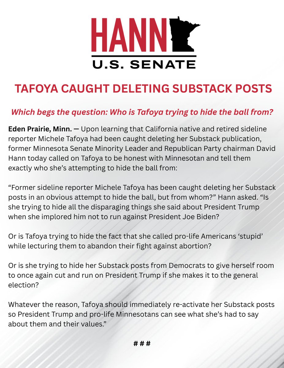 Candidates for public office should be transparent and honest. Michele Tafoya isn't - and begs the question: Who is she trying to hide the ball from? 

Full release at conta.cc/4cbiDNj.