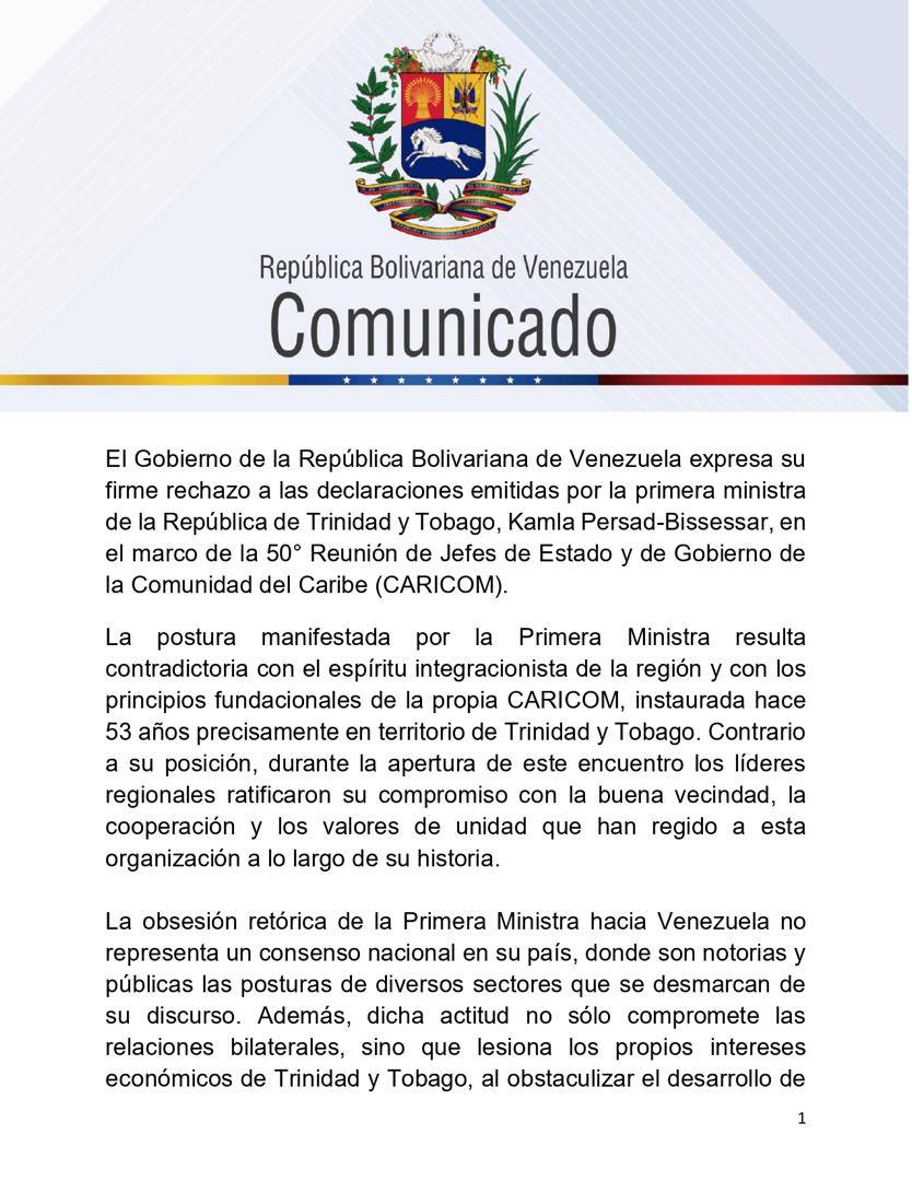 ariammc123's tweet photo. #Comunicado | Venezuela expresa su firme rechazo a las declaraciones de la Primera Ministra de Trinidad y Tobago, Kamla Persad-Bissessar, emitidas en la 50° Reunión de Jefes de Estado y de Gobierno de la CARICOM. https://t.co/qCWszMHujE